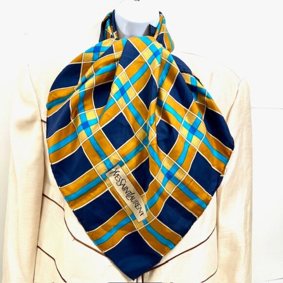 Vintage Yves Saint Laurent Scarf100% silk satin  31"Blue Rusty White Check (26) - Picture 6 of 11